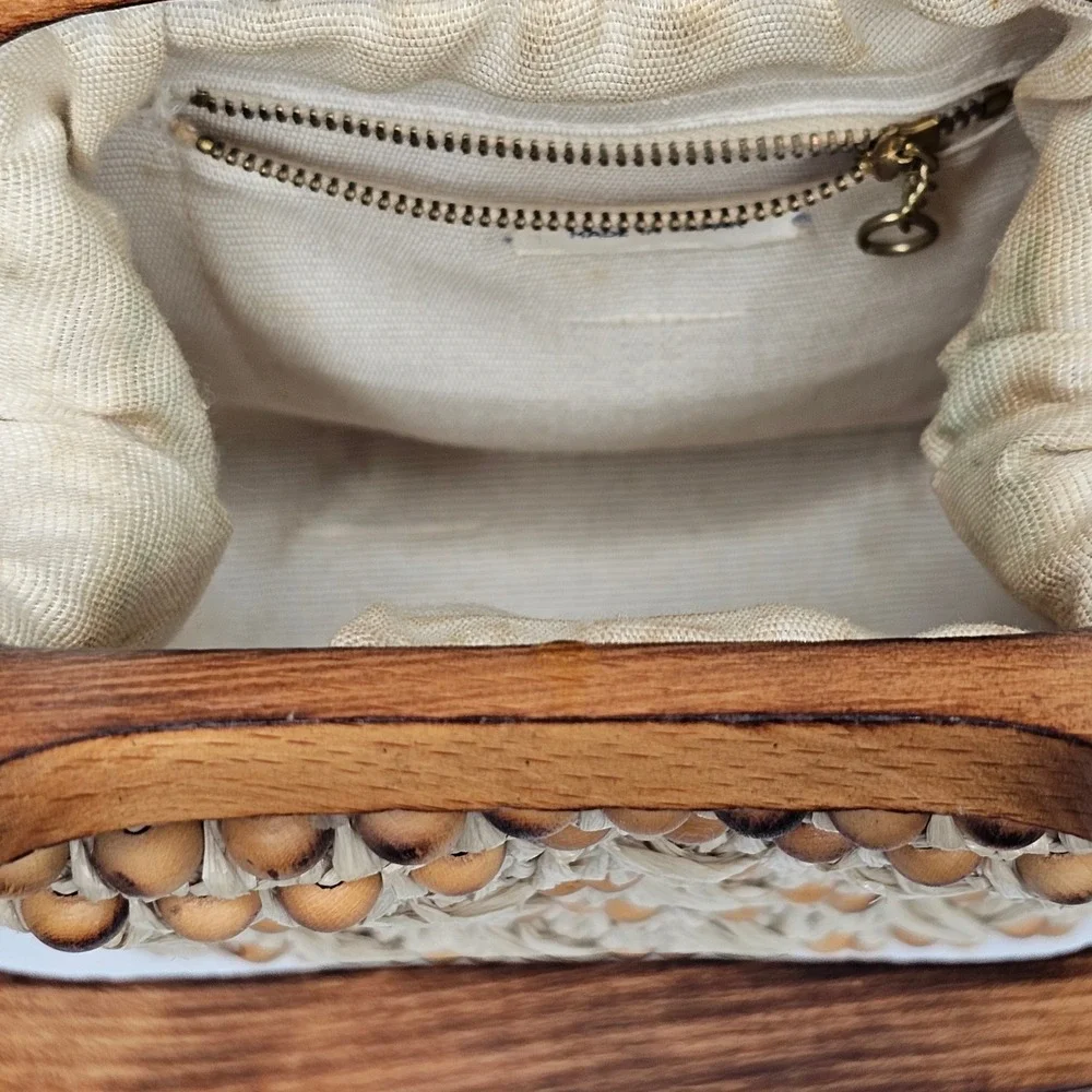 Vintage‎ Japan Raffia Straw Handbag Wood Beaded Top Handle Boho 60s 70s